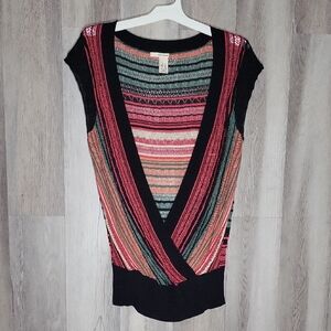 DKNY Womens XL‎ Crochet Crossover Sweater Short Sleeve Stripe Stretch